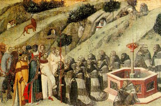 First Carmelites asking St. Albert Avogadro, Patriarch of Jerusalem, for a rule of life in 1206