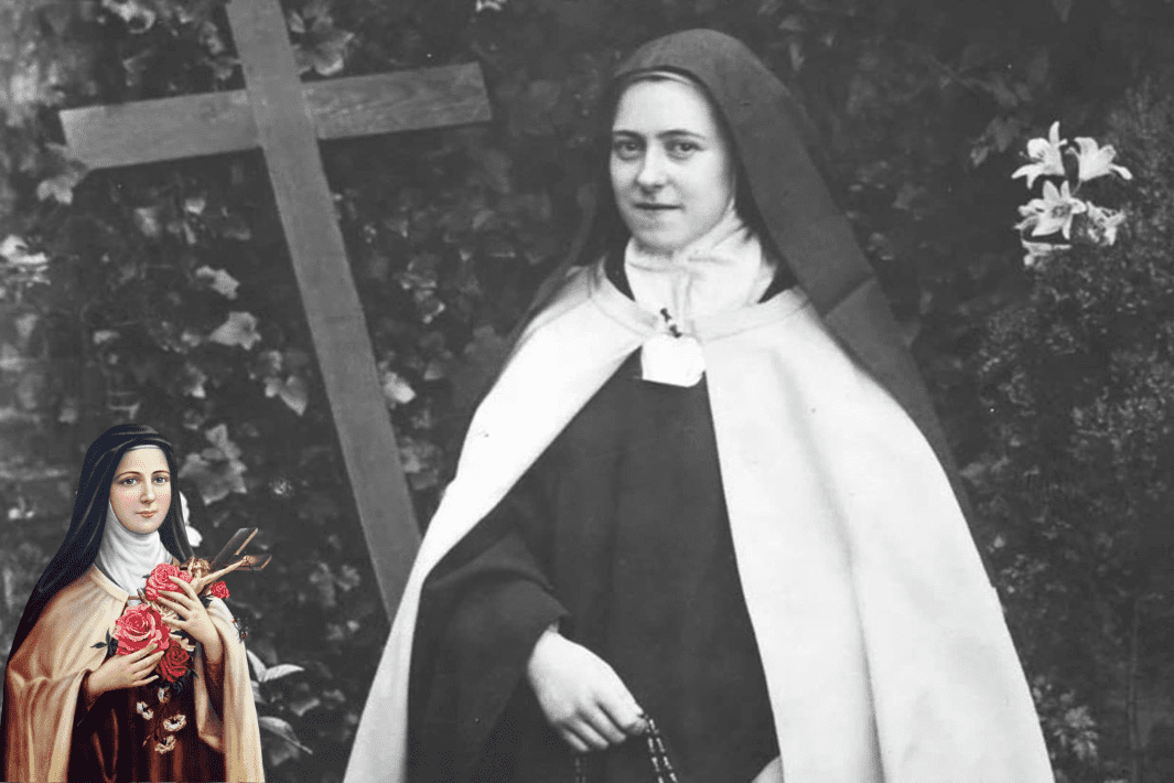 Black and white photo of a nun holding a crucifix outdoors.